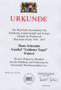Urkunde für "Bayerische Küche" 1994 - 1997