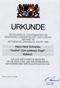 Urkunde für "Bayerische Küche" 1998